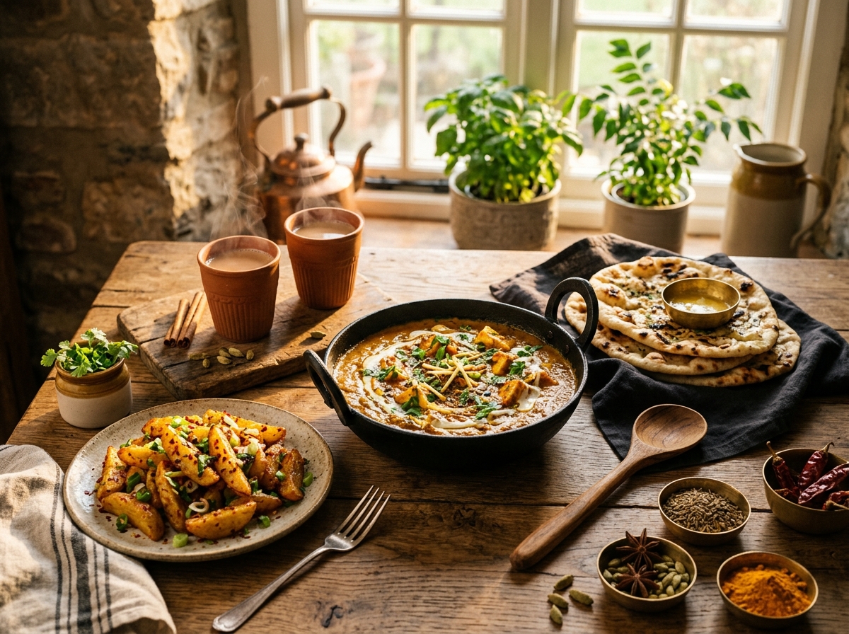 Khul Ke Khao table spread: rich home-style dal, flaky butter naan, and crispy spiced potatoes
